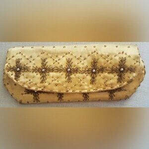 Beaded Yellow Gold Beaded Clutch Purse with Pearls